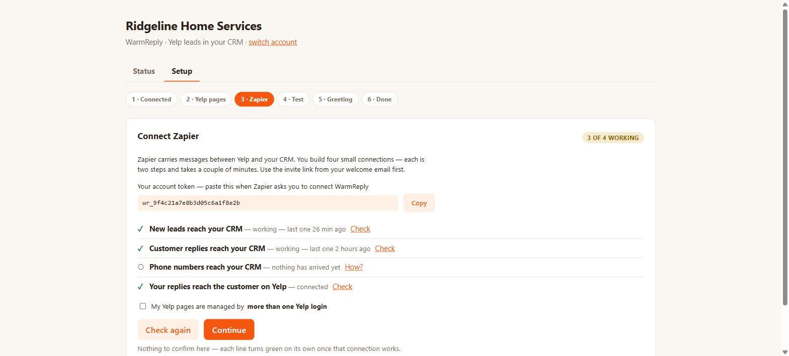 The Zapier step showing four connections: new leads, customer replies and replies to Yelp confirmed working, phone numbers not seen yet.