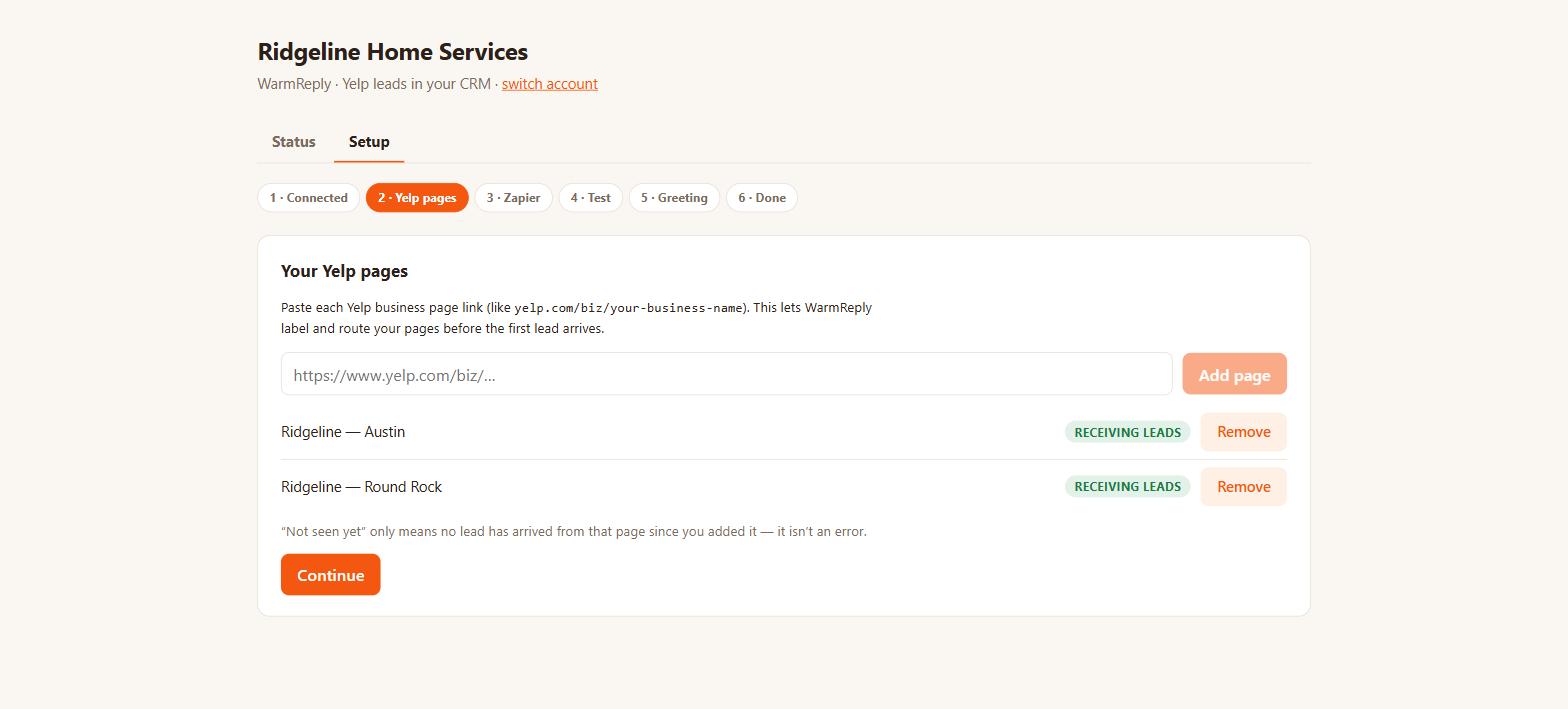 The Yelp pages step, listing two connected business pages, each marked as receiving leads.