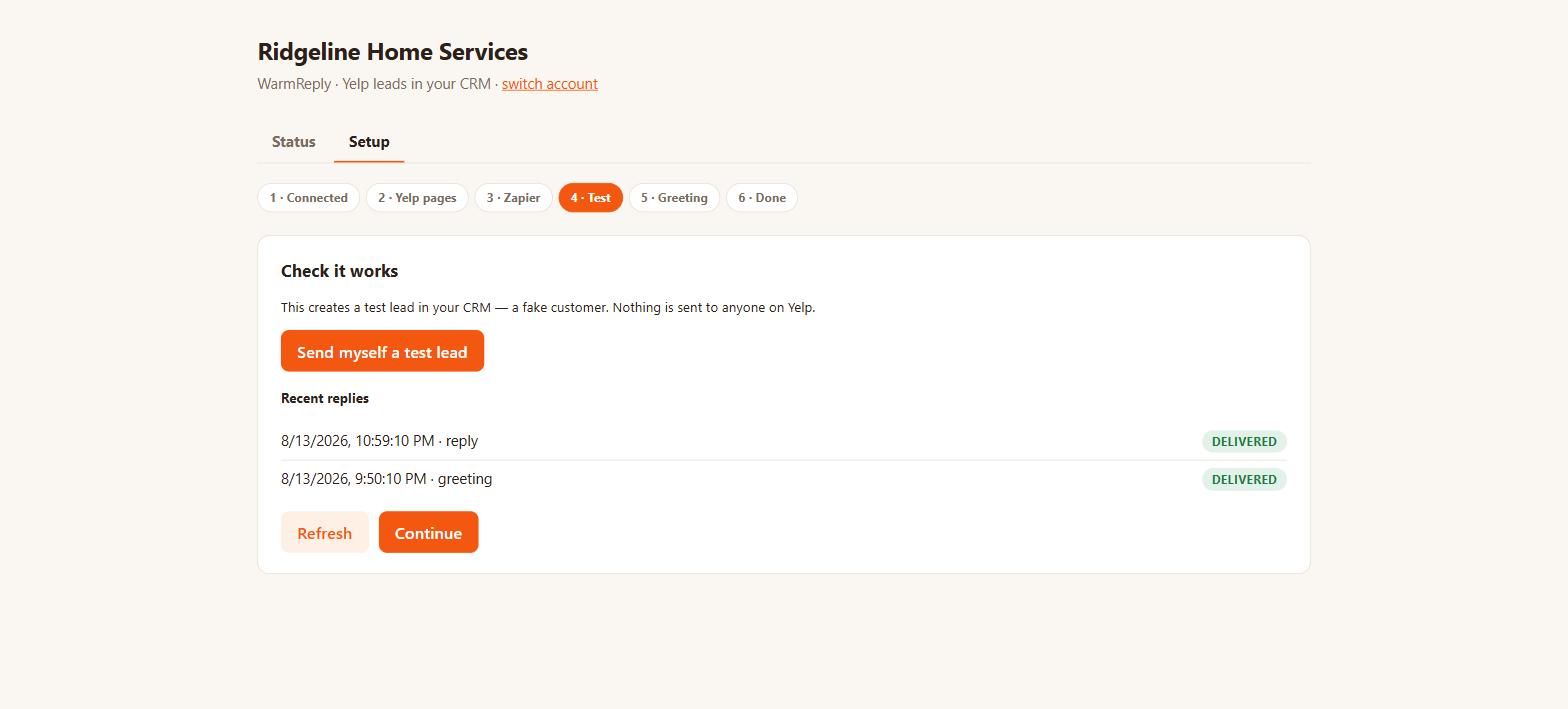 The test step, with a button to send yourself a test lead and a list of recent replies marked delivered.