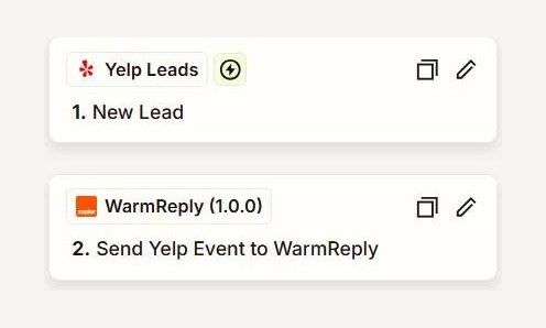 A finished Zap in Zapier: step one is the Yelp Leads New Lead trigger, step two is the WarmReply Send Yelp Event action.